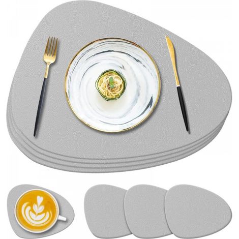Lot de 4 sets de table et dessous de verre antidérapants lavables,13,8 x 11,1 x 0,15 cm, adaptés aux tables à manger, gris clair, en silicone (1/5)