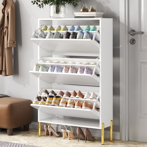 Meuble à chaussures en MDF blanc 3 portes, sans poignées, 73 x 24 x 120 cm, pieds dorés (1/5)