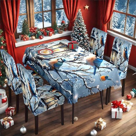 Nappe et housse de chaise de Noël imprimées numériquement, ensemble complet nappe et housse de chaise extensible TC-68 (nappe imperméable 140210cm +
