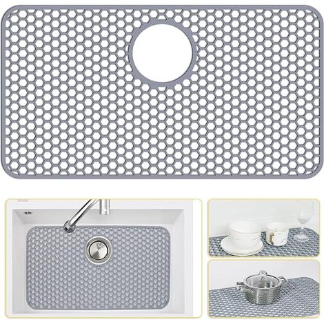 Silikon-Spülbeckenschutz für Küchenspülen mit rückseitigem Abfluss - 66,04 cm x 35,56 cm, Küchenschutzzubehör, rutschfeste und hitzebeständige Netzmatte für Küchen, Keramik- und Edelstahluntergrund (R