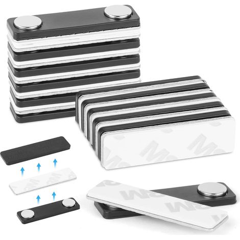 12 Badges Nominatifs, 45x13mm, Plastique Noir, 2 Aimants Puissants, Pour Bureau École Conférence (1/5)