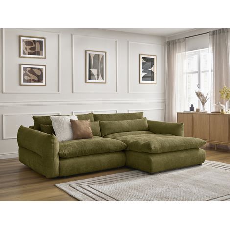 Bobochic – Canapé d'angle fixe 3 places – Tissu texturé vert – Longueur 276 cm – Largeur 140 cm – Hauteur 86 cm – Confort moelleux (1/5)