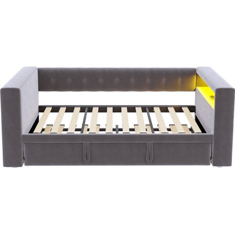 Cama tapizada multifunción de franela gris oscuro con LED, enchufes y almacenaje 214x182x74 cm (1/5)