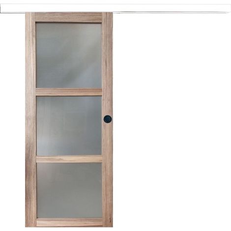 Puerta corredera de madera Frake con vitrina H204 x L83 cm, riel de aluminio con banda blanca, conchas negras para GD MENUISERIES
