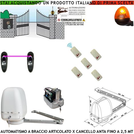 CANCELLO ELETTRICO KIT MOTORE A BRACCIO ARTICOLATO 220/24 V ANTA BATTENTE DA 0,5 A 2,5 MT CENTRALE 5 RADIOCOMANDI FARO SELETTORE FOTOCELLULE (1/4)