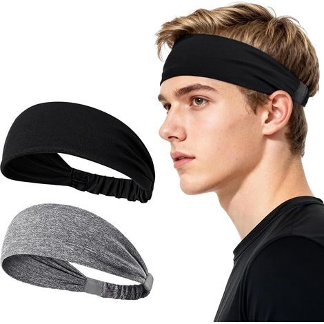 Bandeau de Sport - Lot de 2 - Polyester et Élasthanne - Absorbant et Respirant - Fitness et Course - Noir et Gris (1/5)