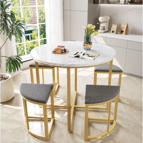 Set da pranzo con tavolo rotondo e 4 sedie, MDF e metallo bianco e grigio, Ø80x75 cm, sedute in velluto (1/5)