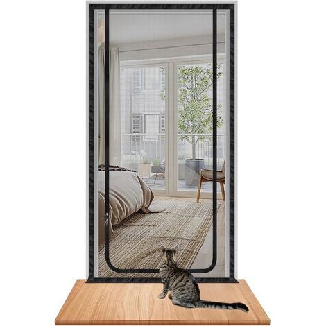 Moustiquaire pour chat 100 x 210 cm - Porte moustiquaire anti-griffures avec fermeture éclair - Porte moustiquaire anti-animaux pour salon, cuisine, balcon et terrasse - Noir (1/5)