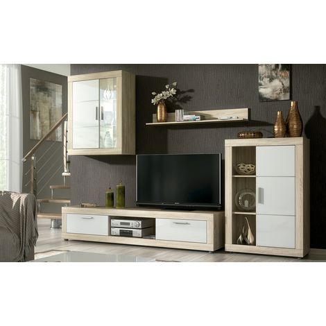 Pegane – Ensemble de meubles de salon avec meuble TV, étagère murale, vitrine LED et buffet chêne cambrian, blanc – Dimensions meuble TV 185x40x39,6cm (1/5)