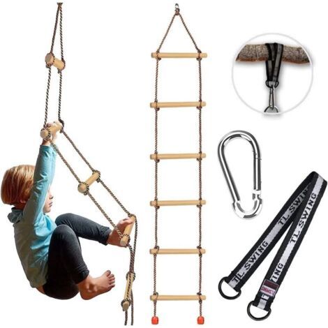 Échelle en Bois avec mousquetons,Échelle de Corde pour Enfants ,Équipement de Jeu pour échelle d'arbre ,Jouets d'escalade pour balançoire,Échelle en Corde à Bascule (1/4)