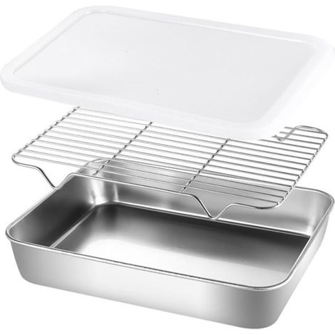 Plaque de cuisson en acier inoxydable avec grille pour four et plaque à biscuits (31 x 24 x 5 cm) (1/5)