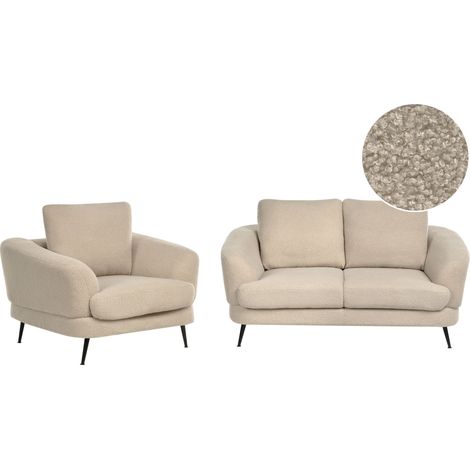 Set di divani a 3 posti con rivestimento in bouclé e braccioli Poltrona con gambe in ferro Beige chiaro Kjaer