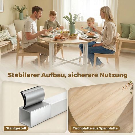 Table pliant rond 80 cm, table escamotable en bois aspect naturel, cadre en acier, pour 2-4 personnes (1/5)