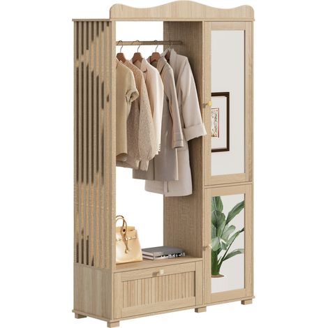 Armoire avec miroir et penderie ouverte 115,5x38,5x194,5 cm, rangement avec tiroir et 2 portes pour chambre et entrée - chêne (1/5)
