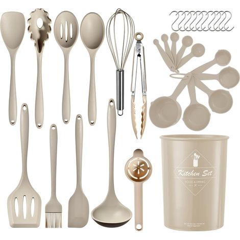 Ensemble Ustensiles Cuisine - 32 Pièces - Silicone Et Acier Inoxydable - Résistant Chaleur - Pour Cuisson Et Pâtisserie - Kaki (1/5)