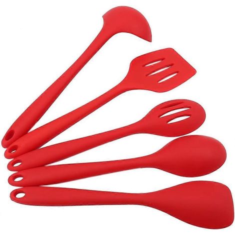 Ensemble de 5 ustensiles de cuisine rouges, louche à soupe et cuillère à riz en silicone antiadhésif et résistant à la chaleur. (1/5)