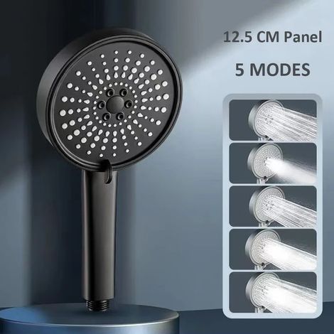 (Noir) Grand panneau de pommeau de douche, 5 modes réglables, spa de douche haute pression. (1/5)