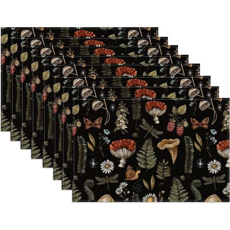 Manteles individuales botánicos con setas negras, juego de 8, poliéster 45 x 30 cm, estilo bosque vintage, decoración rústica para la cocina y el comedor. (1/5)