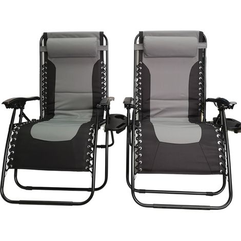 Set of 2 Luxury Padded Multi Position Zero Gravity Garden Relaxer Chair Lounger in Grey & Black (1/5)