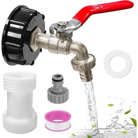 Robinet Cuve 1000l,IBC Robinet Cuve 3/4,Kit Accessoire Cuve a Eau avec S60X6 Rallonge Adaptateur et Adaptateur Tuyau Arrosage (Style 1) (1/5)