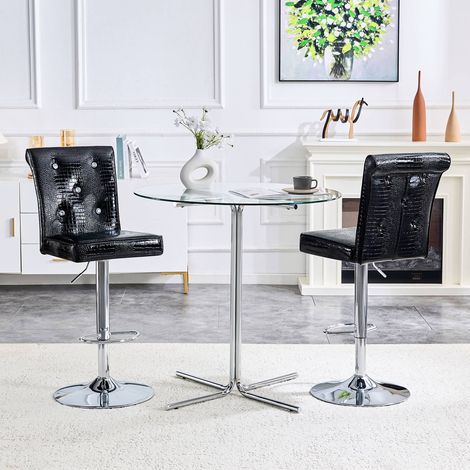 Lot de 2 tabourets bar vintage simili croco noir, fermoir cristal, élégants salle à manger (1/5)