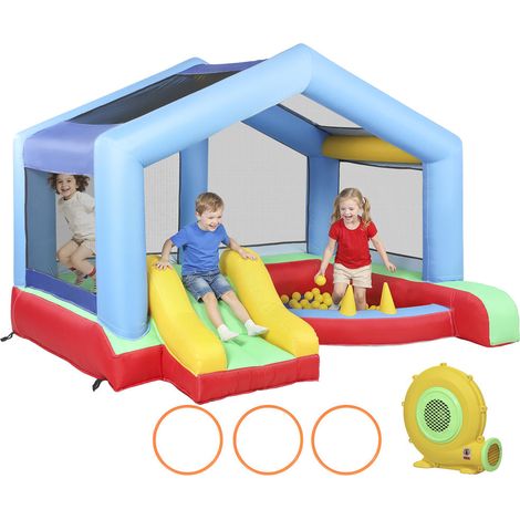 Parc de jeux ombragé et sécurisé château gonflable enfant 4 en 1 avec souffleur, toboggan et anneaux pour jardin (1/5)
