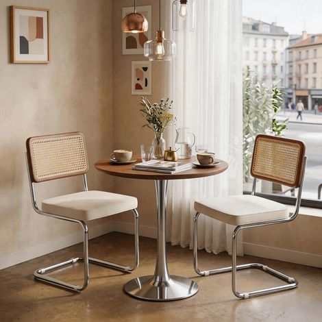 Chaises cantilever rembourrées en velours à dossier rotin pour salle à manger et cuisine, beiges, lot de 2 (1/5)