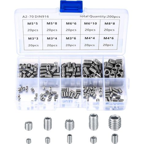 200 tornillos sin cabeza de acero inoxidable, tornillos para máquinas M3, M4, M5, M6 y M8, kit de fijación surtido con tornillos de ajuste. (1/5)