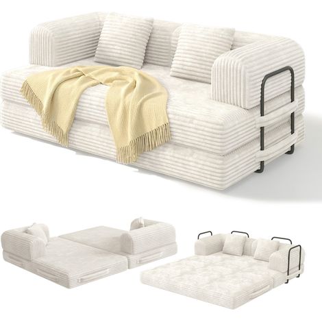 Bealife 2-Sitzer-Schlafsofa Cordbezug Modulares Keine Installation mit Armlehnen Kissen für Wohn- oder Schlafzimmer Beige 160 x 90 x 61 cm (1/5)