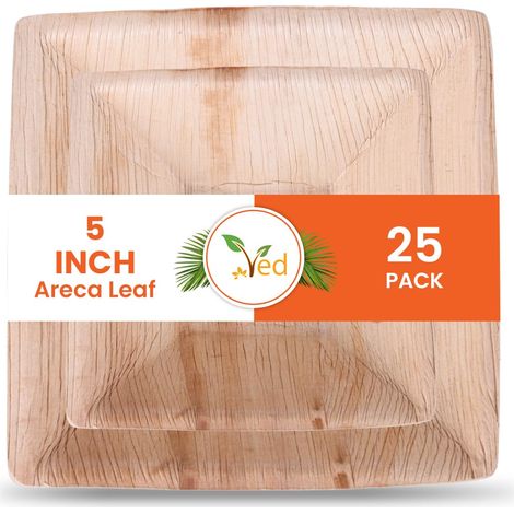Ved 25 Bol en feuille d'arec écologique et biodégradable de 5,5" (13,75 cm), bols carrés profonds jetables pour soupe, salade, desserts, bols de fête robustes et compostables. (1/5)