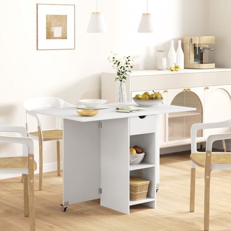 Tavolo da pranzo pieghevole 114.5x70x75 cm bianco in truciolare con cassetto e ripiani (1/5)