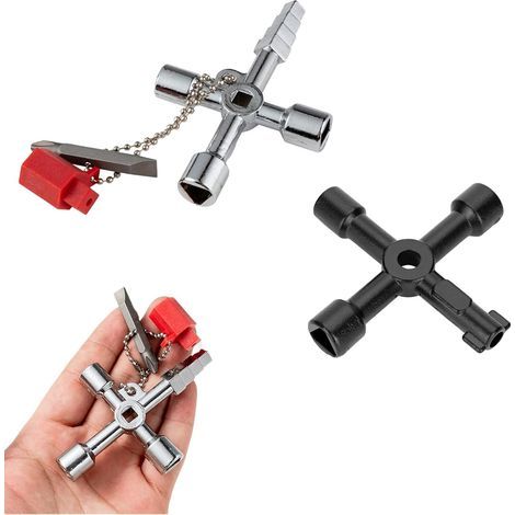 2 Pieces Multifunction 4 Way Universal Wrench, Cross Wrench with Triangle and Square Heads Multi-Purpose Tool, for Home and Professional Use for Water Meters Meters Cabinets (1/5)