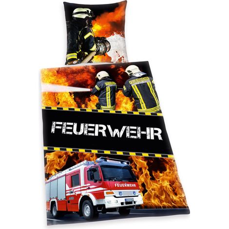 Herding 445933050 Biancheria da letto Feuerwehr (pompiere), federa 80 x 80 cm con copripiumino singolo : 135 x 200 cm, 100 % cotone, rinforzo (1/4)