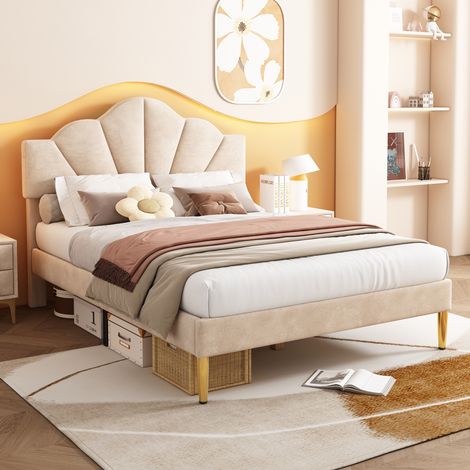 MEUBLIV Lit rembourré en velours beige 140 x 190 cm avec tête de lit réglable et pieds en fer doré sommier à lattes en bois (1/5)