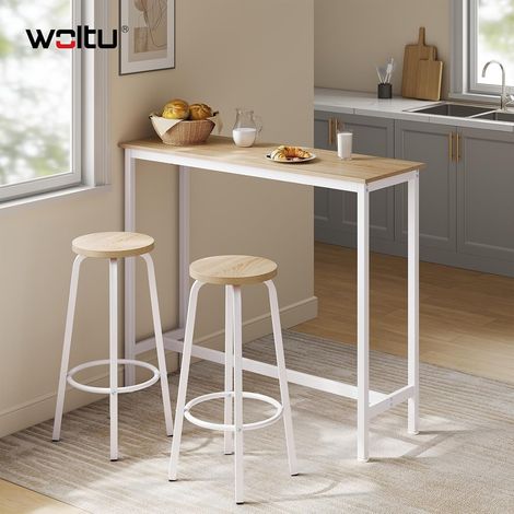 WOLTU Set Tavolo da Bar con 2 Sgabelli Alto, Mobili per Cucina e Sala da Pranzo in Acciaio Legno Rovere chiaro + Bianco