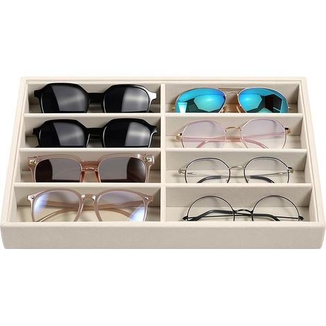 Boîte de rangement pour lunettes, boîte de rangement pour bijoux en velours 8 compartiments, support de rangement multifonctionnel pour lunettes de soleil, boucles d'oreilles, bijoux, montres, bracele (1/5)