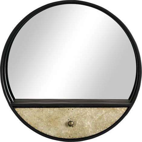 Specchio da Parete Ø61 cm con Cassetto in Metallo Nero (1/5)