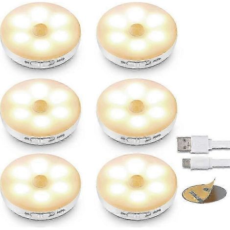 Lot de 6 lampes LED avec détecteur de mouvement, batterie rechargeable, éclairage intérieur avec bande magnétique adhésive pour éclairage de placards et d'escaliers. (1/5)