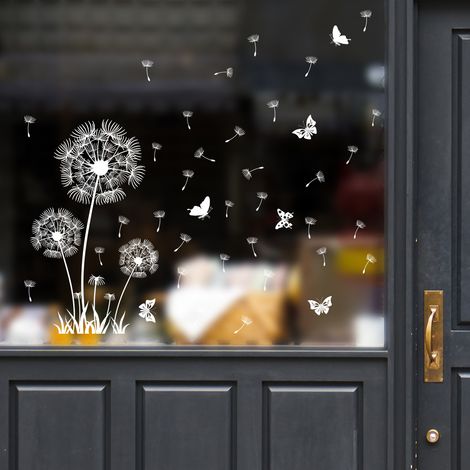 Lntyq Blanc Pissenlit Autocollant Fenêtre Fleurs Papillon Sticker Fenêtre Anti-Collision Printemps Eté Autocollant pour Fenêtre Porte Vitrée Décor