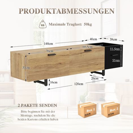 Armoire TV moderne bois naturel noir. Compartiments ouverts grands tiroirs,rangement fermé multifonctionnel pour salon contemporain. (1/5)