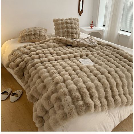 Couverture en fausse fourrure de lapin 160 x 200 cm – Douce et chaude – Idéale pour canapé – Luxe et élégance kaki (1/5)