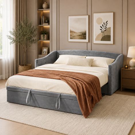 Canapé convertible 2 places 90/180x200 cm, lit gigogne avec 2 sommier à lattes, lit de jour convertible, Canapé lit extensible, cadre métallique, velours gris, Canapé 2-en-1 pour chambre ou salon