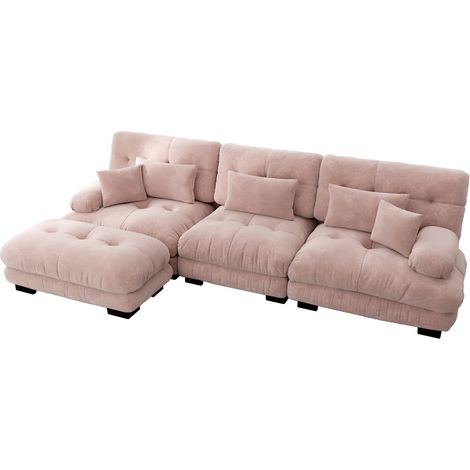 Sofá esquinero modular en chenilla rosa con otomana, 313 x 145 x 81 cm (1/5)