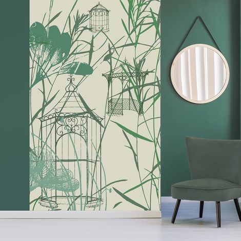 Papier peint intissé 250x150cm, motif pergolas en fer, jardin public, fond kaki, style champêtre. (1/2)