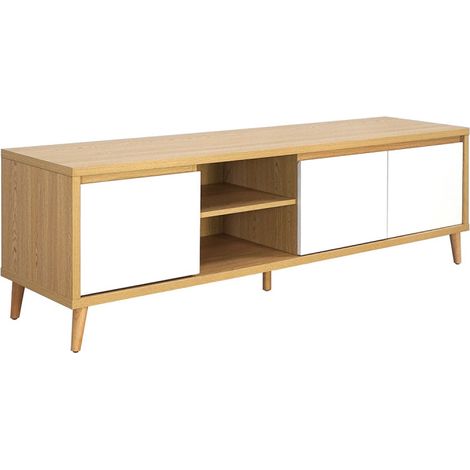 Meuble TV 160 cm 3 portes 2 niches Pier blanc crème / effet bois (1/4)