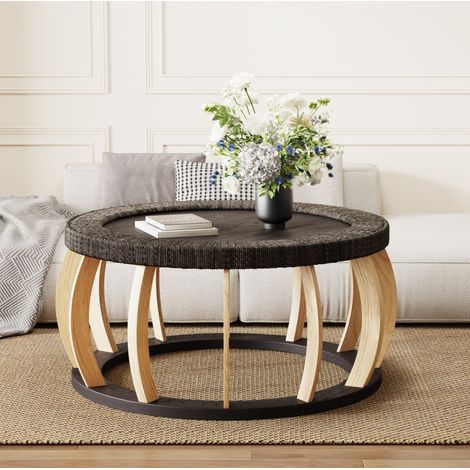 Table basse ronde 90x90x43 cm noir et brun en bois massif et MDF avec pieds courbés et style bohème (1/5)