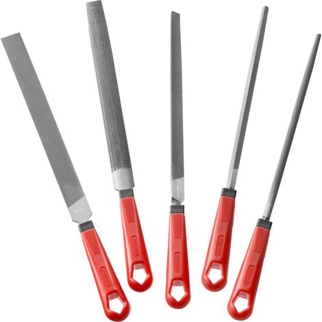 Facom – Lot de 5 limes demi-douces 250 mm – Lime plate, ronde, triangulaire, carré, demi-ronde – Manches ergonomiques en plastique