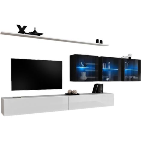 Composizione murale SWITCH XVII - Doppio mobile TV, cubi con vetrina LED e scaffali - Bianco e nero lucido - Design moderno (1/2)