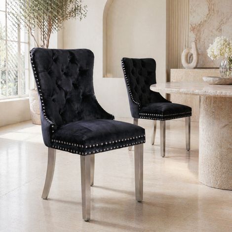 Set de 2 sillas de comedor 62x50x95 cm, terciopelo negro, patas ajustables FloraGrace (1/5)