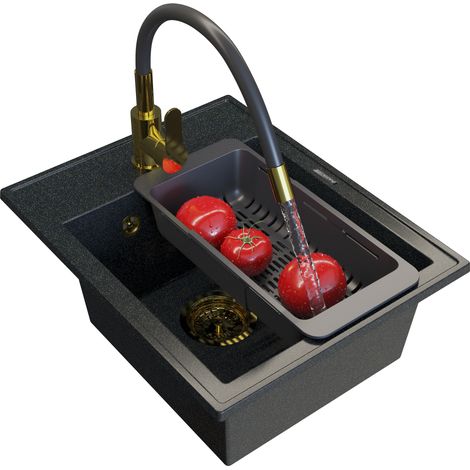 Évier en granit noir NERO 1 bac avec robinet flexible doré, siphon, égouttoir réglable (ensemble complet). (1/5)